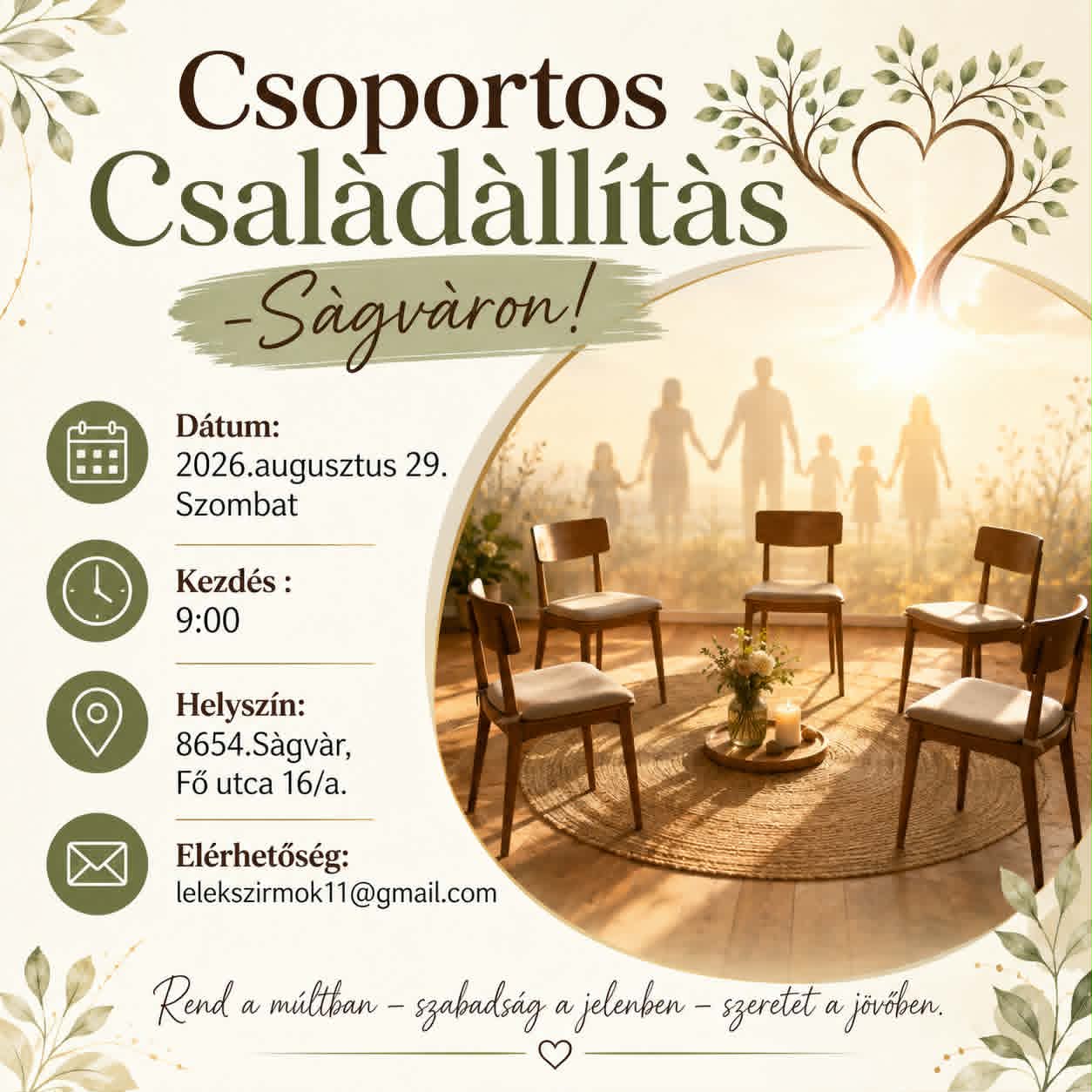 Csoportos családállítás plakát – 2026. augusztus 29., 9:00, 8654 Ságvár, Fő utca 16/A