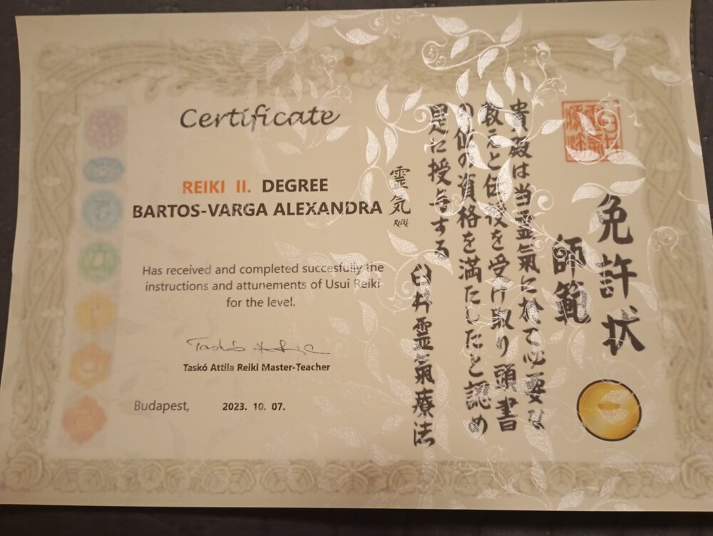 Usui Reiki II. Degree – oklevél