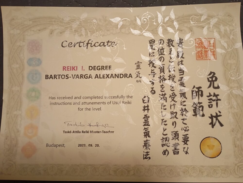 Usui Reiki I. Degree – oklevél
