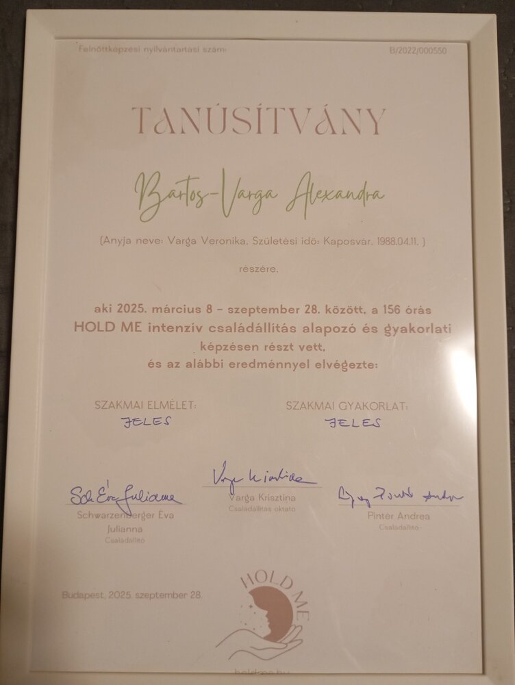 HOLD ME intenzív családállítás alapozó és gyakorlati képzés – oklevél