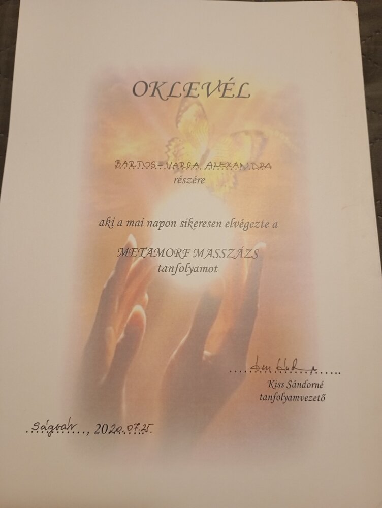 Metamorf masszázs tanfolyam – oklevél