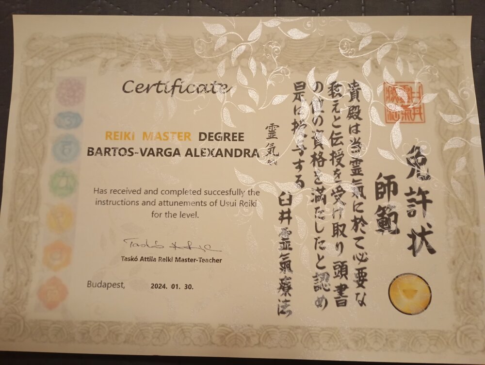 Usui Reiki Master Degree – oklevél