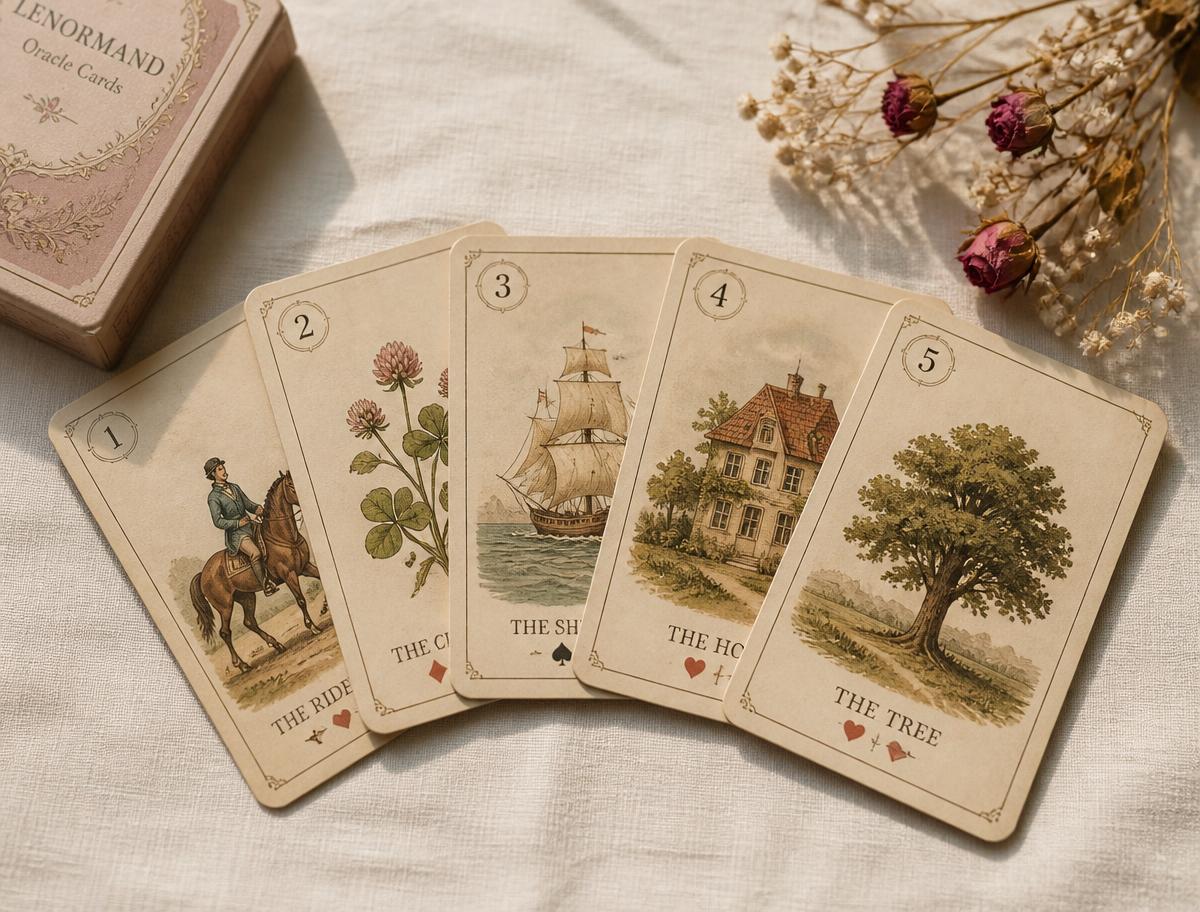 Lenormand kártyák legyezőben egy világos lenvászon terítőn